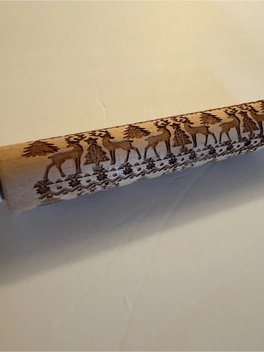 Unbranded Wood Rolling Pin with Carved Reindeer and Tree Pattern - Natural Wood